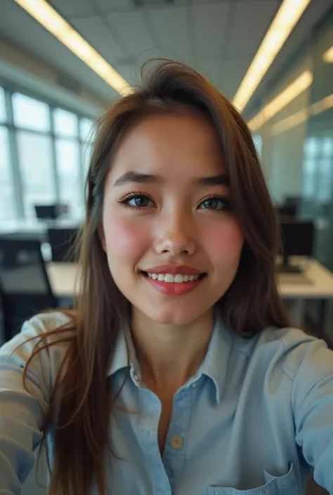 Selfie, low quality, realistic, office background