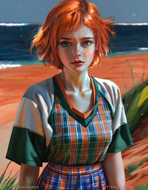 (bipolar background )  young girl Isabel Moner-SMF Dora ), (((view down))) (low camera view ). (  hyperrealistic  ), Very short orange hair,   expressive green eyes  , freckles,  Hawaiian tunic,  checkered mini skirt , sports, Sweaty,  medium breasts , aes...