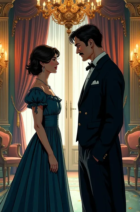  You have an image with format 16 :9 (horizontal or landscape )  of A girl and a boy who look about 30 years old talking dressed as if from the 1900s,in a palace.  with comic art style ,  with contrasting tones , with a mysterious atmosphere,  with realist...