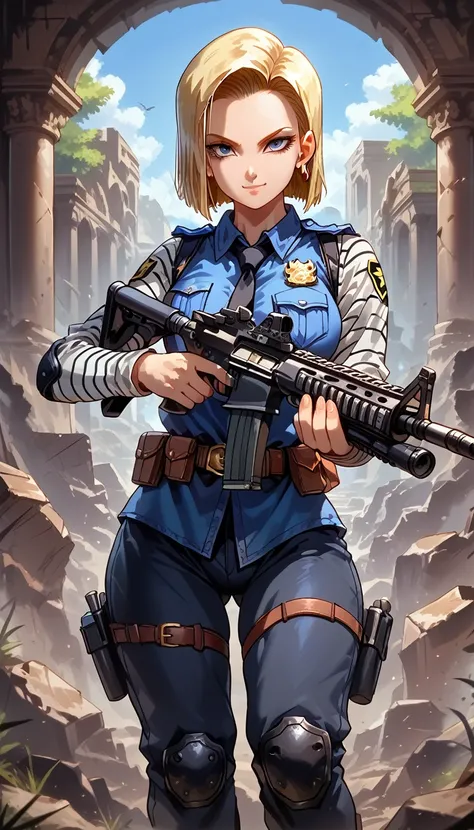 ultra-detailed, 1girl, sysdeep_android18, (masterpiece)), (best quality), (highres), 16K, blue_eyes, short_hair, blonde_hair, wearing police uniform, wearing black panties, tactical belt, knee pads, busty body, large breasts and a beautiful ass, showcasing...