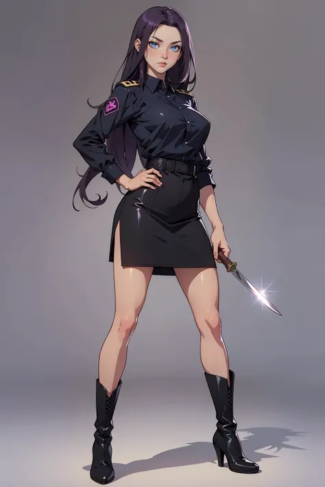 (perfect, masterpiece), 1 girl, very detailed, neutral facial expression, figure, full body view, medium breasts, long hair, dark purple hair, blue eyes, looking at viewer, black uniform shirt, black skirt, black boots, holding knife, standing pose.