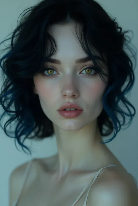 pale woman with sharp features, shoulder length curly black hair with a blue shine and golden eyes