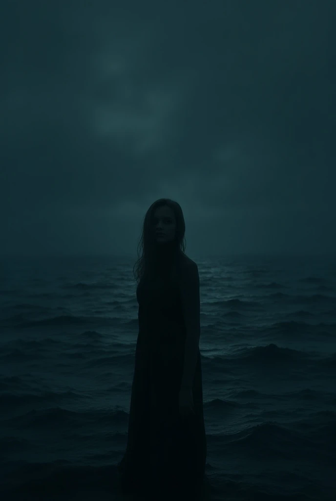  The foreground depicts a female figure ,  standing on the dark sea at night .  Her face is half-turned towards the viewer ,  and her eyes show sadness and deep pain .  Behind her back the endless sea stretches out ,  symbolizing those  "quiet seas of tear...