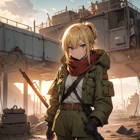 A detailed illustration of Eri from Metal Slug, standing alone in a rugged military base. She has short blonde hair and is dressed in a military outfit with a green jacket, beige cargo shorts, combat boots, and a red scarf around her neck. Her expression i...