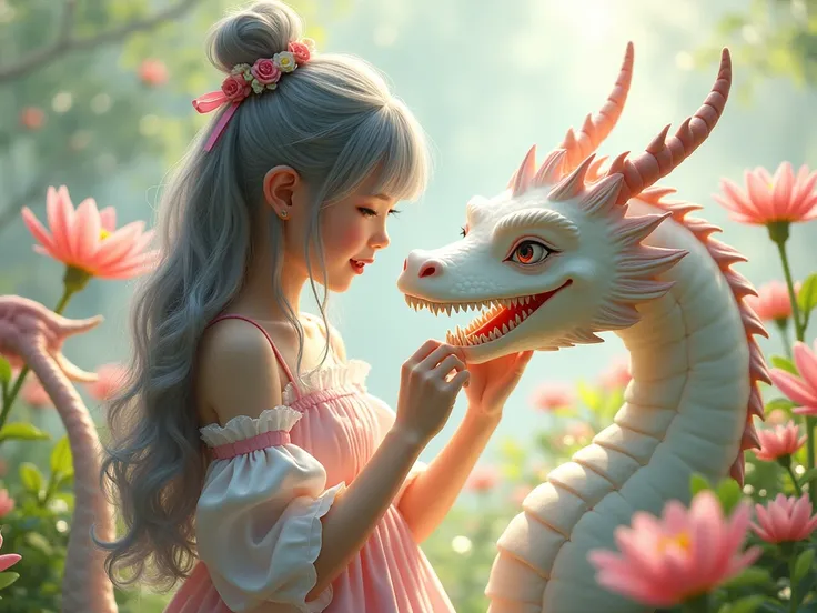 multicolored hair a  in delicate spring outfits, touching the teeth of an white dragon , which is strolling through the flower bed, 