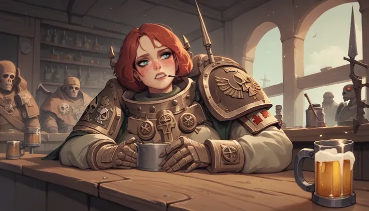 1 woman, adepta sororitas, Warhammer 40k, having a beer, in a bar