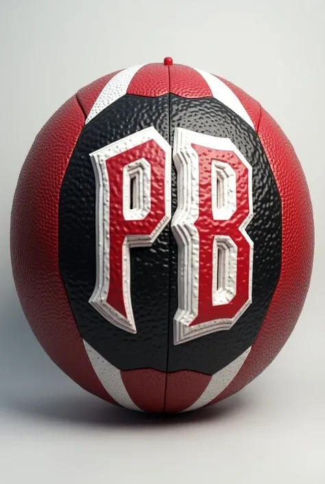 Round football shield with the letters PB in red white and black
