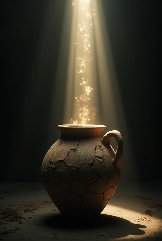 Light beams shooting through the cracks from inside of a broken clay vase