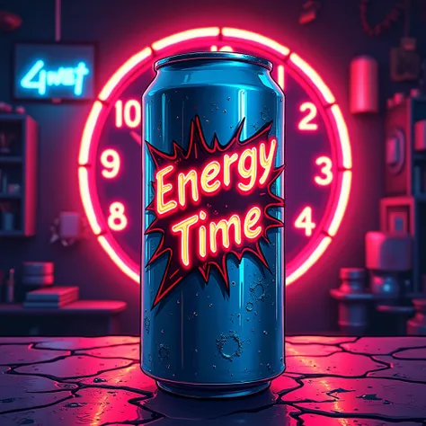 Comic Stil, Background comic neon , 1 rockstar energy dose, Drink , dosenDrink ,  green can flavor ,  clock with lettering “Energy Time”, neon lettering , 