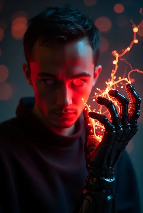 a man with biomechanical hands and a red eye radiating electricity, background composed futuristic glowing light, detailed, atmosphere, amazing, full color, intricate, elegant, cinematic, dynamic, rich deep colors, beautiful perfect, sharp focus, creative,...