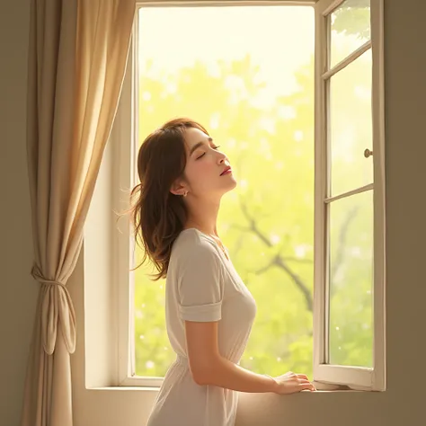 A minimalist cartoon illustration of a young Asian woman standing by the window of an old European house, enjoying the gentle warmth of a spring morning. Sunlight softly illuminates her face as she tilts her head slightly upwards, eyes closed, savoring the...