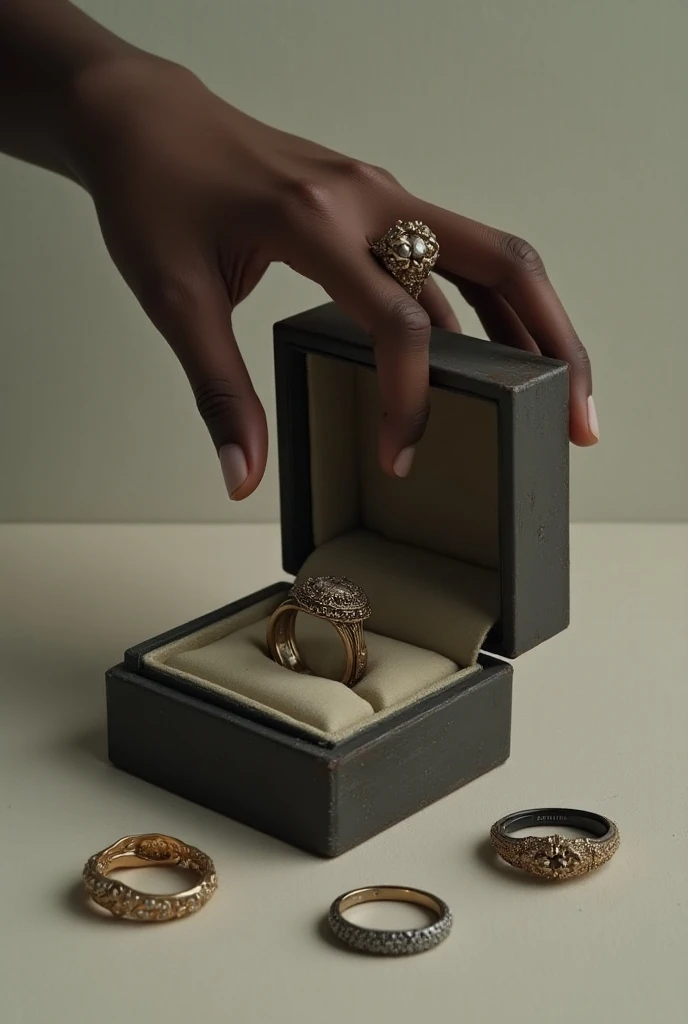 5 rings and one stuck in its closed box and one of the rings held by a womans brown hand with a ring on the middle finger that the hand is black with short unpainted nails 
