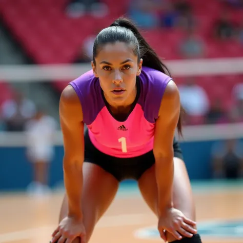 A hot female volleyball player on the court, wearing a vibrant pink and purple uniform with black shorts. She is in an athletic stance, ready for action, with one knee bent and hands on her knees, showing focus and determination. The background includes bl...