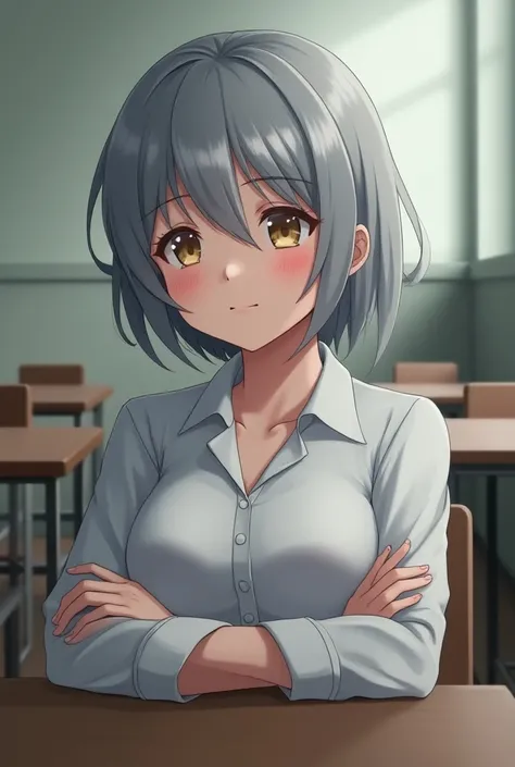  anime girl, short gray hair,  big breasts, quiet, student