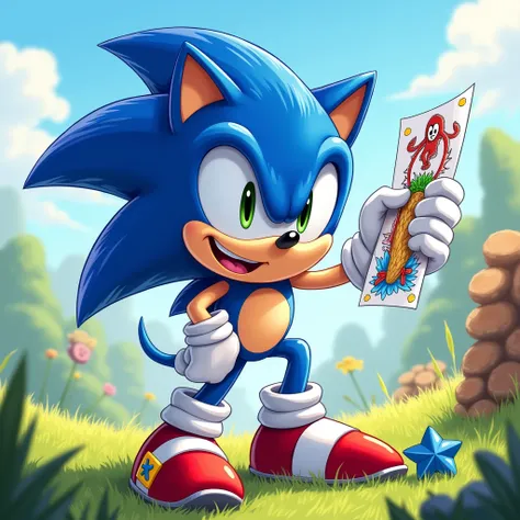 Sonic qui fait un sourire et qui fait un dessin