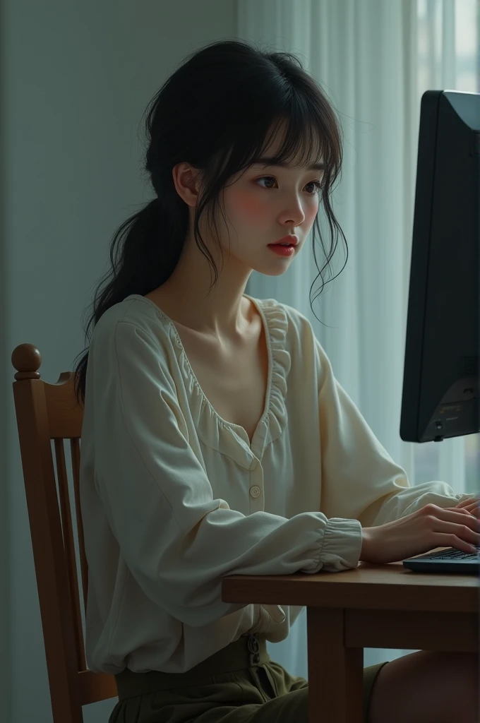 A little faithless woman with red cheeks ,  is sitting in a chair in front of a computer
