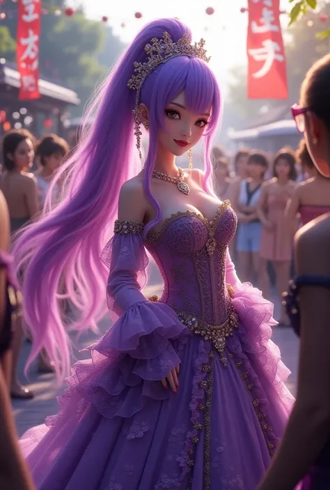  a purple long hair in a barbecue， A ponytail is flying high， hair style ornaments with lots of jewelry，The Japanese sister， wearing a purple gorgeous princess costume，Purple glass shoe ， is being adored by people 。Logo all over