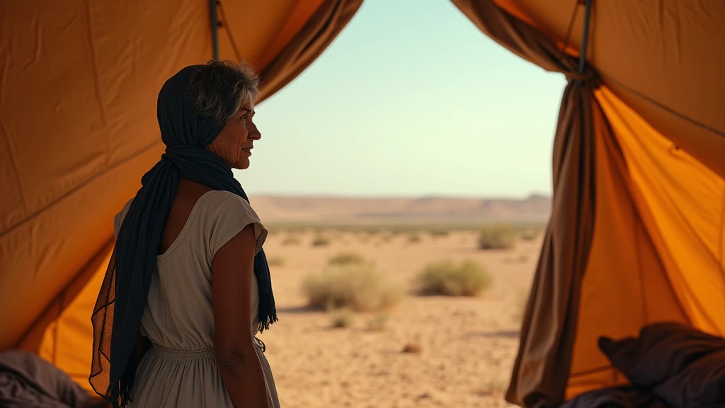 Sara stands outside the tent, looking at the vast horizon ahead, with an expression that mixes hope and uncertainty. She wears a simple dress and a headscarf, her weathered face reflecting years of experience and the unknown journey that awaits them.