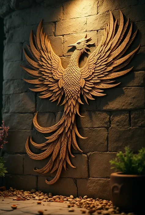 A dramatic side close-up of an antique engraving on a stone wall, in bright antique earth colors, a strong phoenix pattern and a falling light on it,  (())   A beautiful, creative and complex picture 