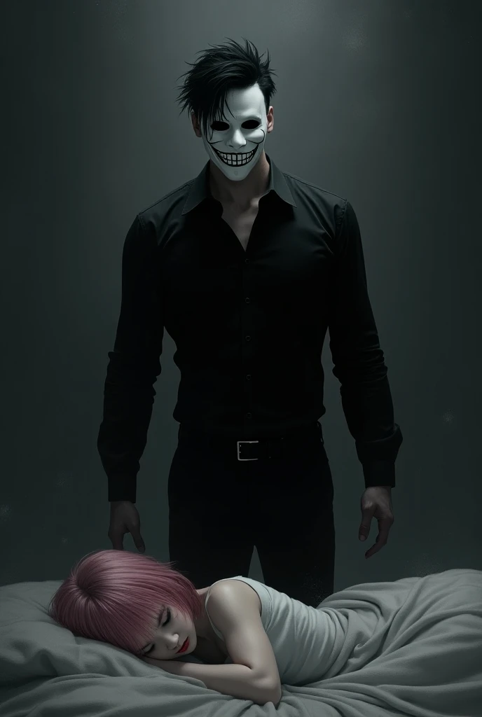  A tall athletic man with disordered short hair half black and half white,  hes wearing a white mask that covers his whole face ,  in the mask he has a pair of black eyes and a mouth making a psychopathic smile .  Wearing a black dress shirt with long slee...