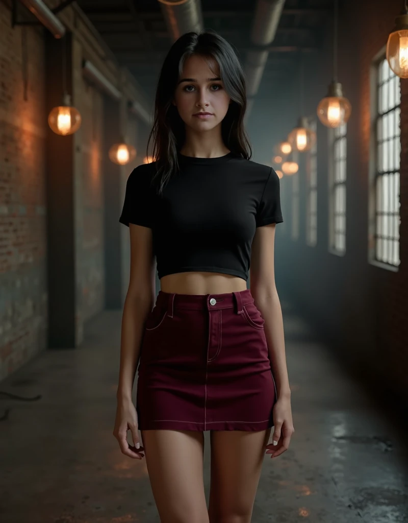 8K, photorealistic photos, young Caucasian girl Danielle, , has straight black hair permeated with brown, loose hair, . The body structure is oval, oblong like a cucumber and straight, slim, the silhouette typical of a 14-year-old girl 75-55-60. small brea...