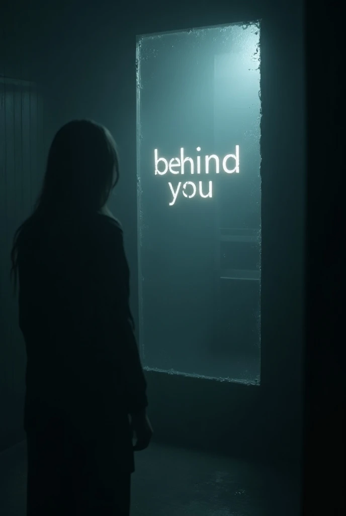 "behind you" written on foggy mirror