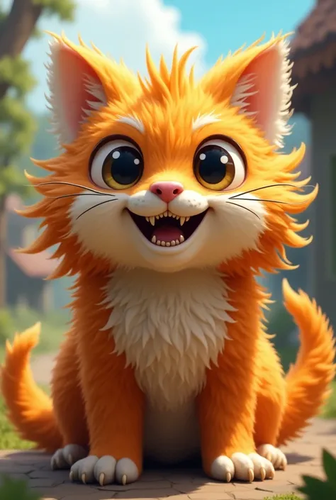 A fantasy animal mascot and, like in Dragon Ball, a male big cat the mindset with lots of fur and big eyes and smiles broadly  