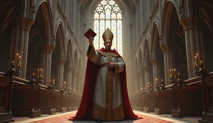 bishop with a book held high in the middle of the church