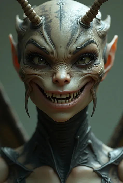 a close up of a 21 years old woman in a costume with human face and sharp teeth, insect woman hybrid, insectoid, female alien, female humanoid creature, female alien, creature concept art, as insecr warriors, hot insect humanoid woman, creature design, ins...