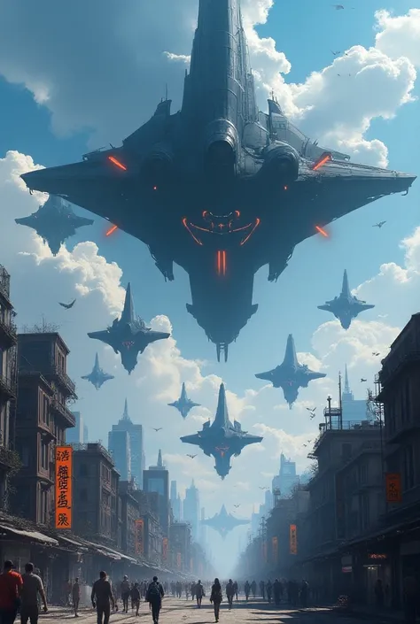 A horde of evil spaceships overlooking a populated city, low camera angle, anime art style.