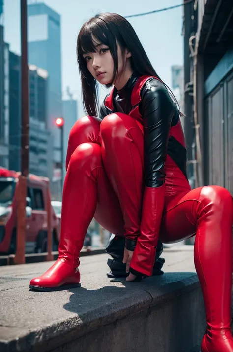  rubber suit、red、 Cyberpunk 、mechanical、Sitting、 girl