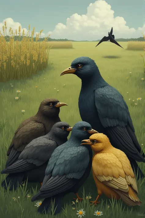 from the story of Count Lucanor “what happened to the swallow with the other birds when she saw flax being planted”
Attach me an image of when the birds mourn for not having heard the swallow