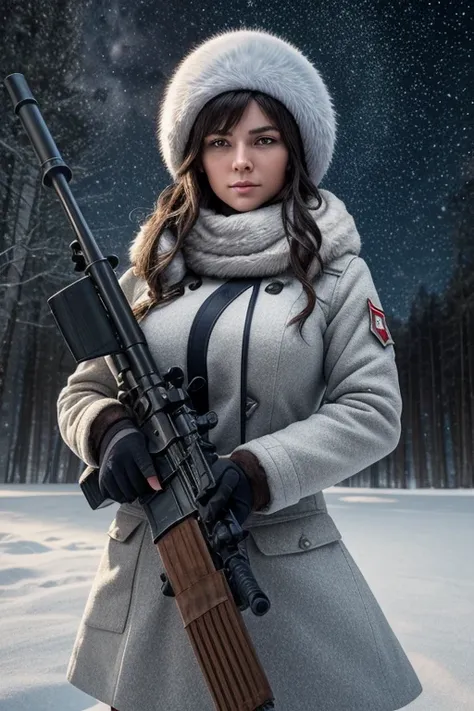 "A naked Russian soldier with red floss, a prominent, athletic figure and a busty figure revealing her breasts. Her figure is elegant and proportioned, naked with a size 40 bust.

Her dark hair is gathered under a winter hat, and her expression is focused ...