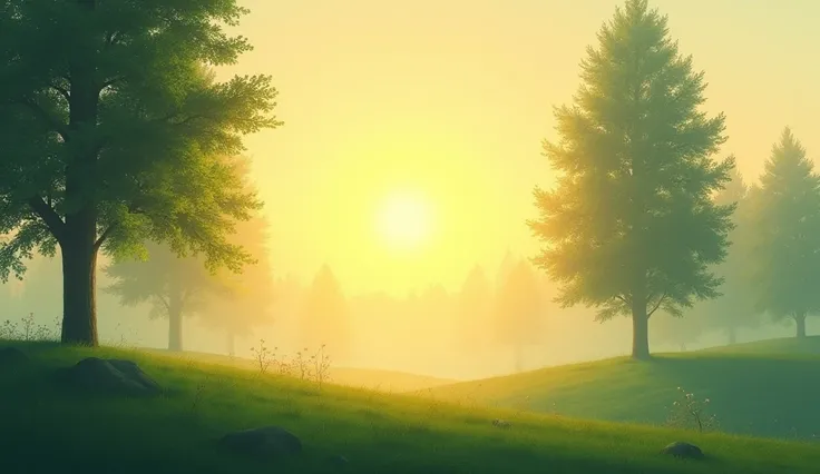  An early morning landscape ,  with golden sunlight rising softly , crossing the trees . a calm environment,  with clear skies and a light haze over green fields .  Conveys tranquility and the beginning of a blessed day.