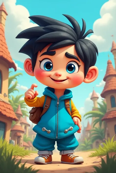 Cartoon character with black hair blue eyes and blue clothes