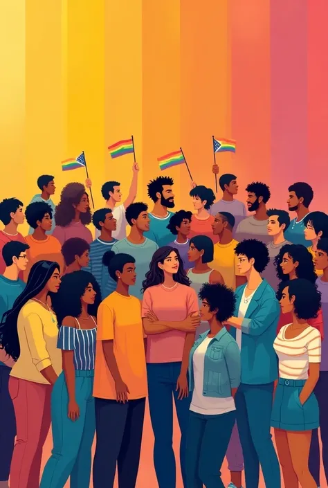  Create an image of a poster with the theme of diversity and inclusion,  that is of all races and little people put up transsexual men and put up LGBT flags+, Add a motivational phrase 