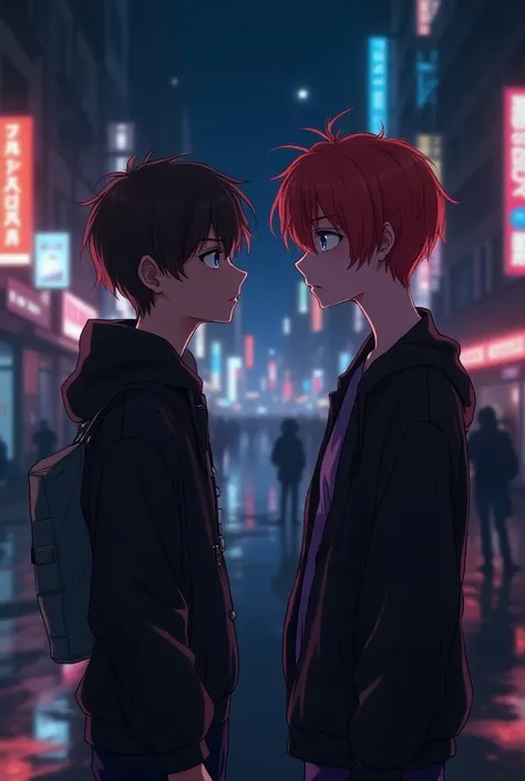 Anime young man, short brown hair, eyes light blue, he got emo vibes, Julián Casablancas vibes, he is on the street, she is looking a girl, girl with red short hair, messy hair, she got purple short clothes, she is looking the him too, her eyes are evil,sh...