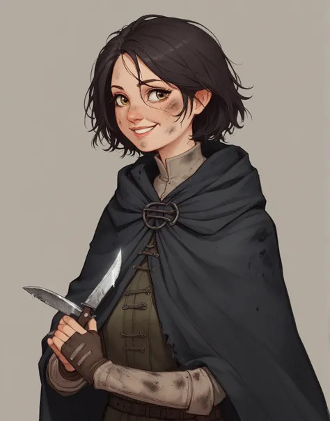 1girl, thief, wearing medieval clothes, dark cloak, short dark hair, dirty clothing, weeping, holding knife, smile, young, holding large knife,
