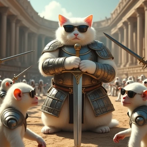 ((Fat white cat wearing armor, holding a sword, and sunglasses))A stadium in Roman mythology where white monkeys wearing sunglasses stare at each other wearing armor and holding swords

	