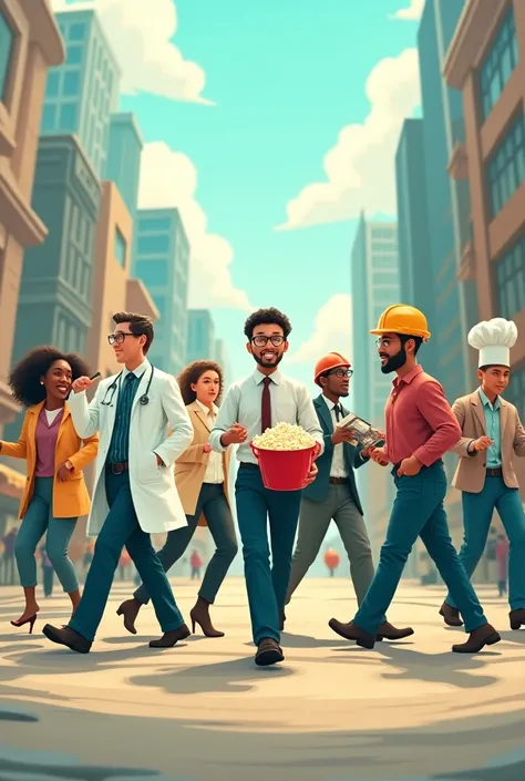 Create an image for me of different people in different professions working walking one after the other in a circle with an approving popcorn
