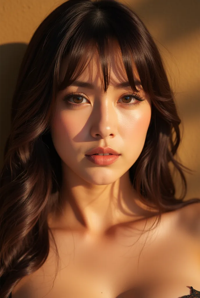 (asian woman with choppy bangs), striking facial features, expressive eyes, flowing hair, warm sunlight illuminating the scene, ...