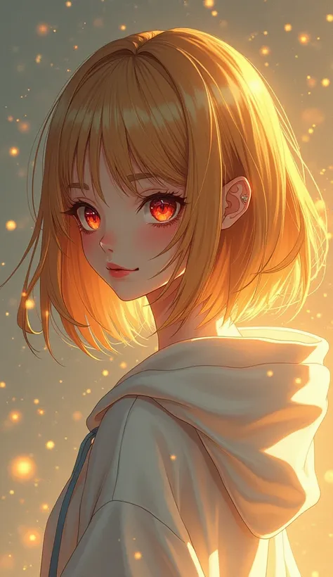   Anime 2d art  .  Beautiful woman  ,   red eyes,  straight golden bob  ,  large white hoodie ,white high boots , white magic lines glow under the skin like veins, nerves ,  vessels and veins , glowing lines,lock, MYSTERY ,twilight,  lots of little gold sp...