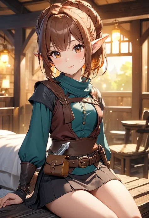 A young halfling treasure hunter adventurer, 120cm tall with pointed elf-like ears, chestnut hair in a bun, brown eyes, petite frame, wearing thiefs clothes - mini skirt, short pants, pouch on the waist, dagger on the waist, sitting on a bed in an inn, in ...