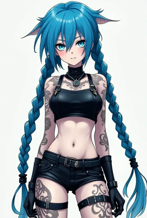  Make me an anime-style character 
-  **hair:**  long bright blue hair .  He wears two long braids that reach his waist ,  with some loose tufts around his face .

- **rostro:**   a slender and angled face ,  with high cheekbones that give him a sharp and ...