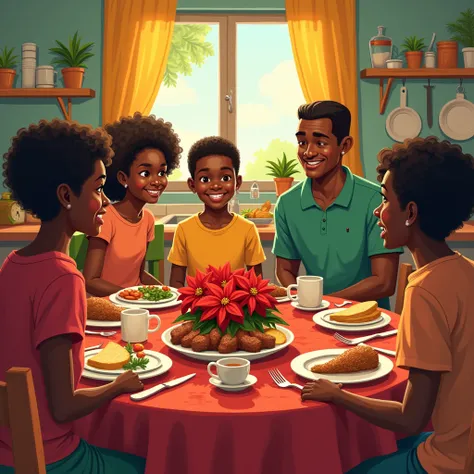 Illustration: Carribean boy eating breakfast with mom and dad, grandpa and grandma and 2 girl cousins eating Breakfast at Grandmas
- Details:
    1. Traditional Jamaican breakfast dishes (jerk chicken, ackee and saltfish, ham)
    2. Festive table setting
...