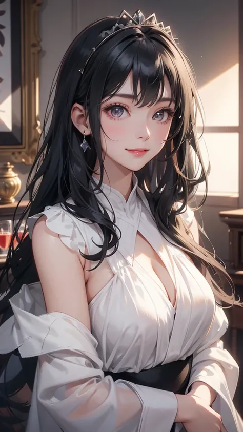 Young girl, Long Black hair, Curly hair, Gray eyes, upper body,4k resolution, small breast, Smile, Wearing Crown high quality cg, beautiful cg, soft light, Living room, Looking at Viewer, black hair