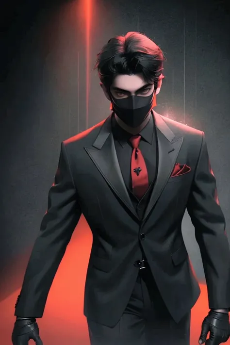 1 man,(19 years old),handsome young man,  black hair ,  black eyes , full black suit, gunman, Alta Clase , mask (black mask),  looking at the spectator pointing his gun at the floor (one-handed gun ,black with red)  black gray background 