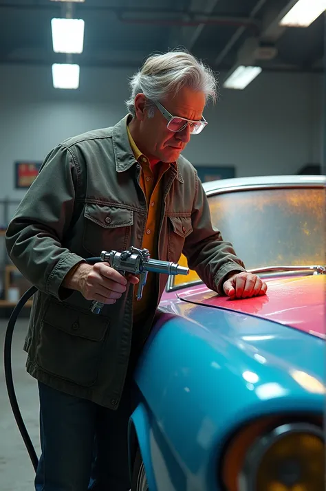 Realistic man painting car with air gun and rainbow paint 