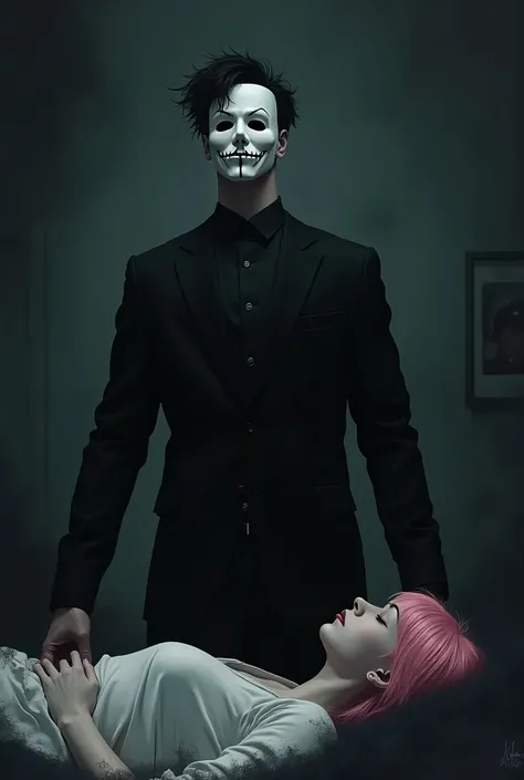  A tall athletic man with disordered short hair half black and half white,  hes wearing a white mask that covers his whole face ,  in the mask he has a pair of black eyes and a mouth making a psychopathic smile .  Wearing a black dress shirt with long slee...