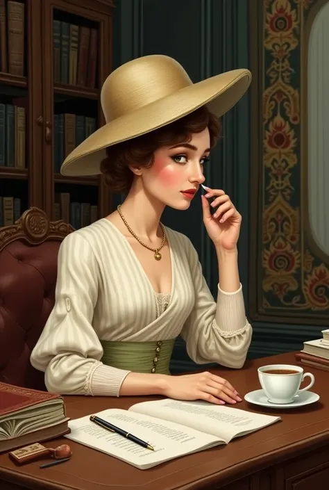 An elegant but old illustration ,  as if it were the house of writer Jane Austen,  on a desk table with a pen , paper and a cup of tea ,  all surrounded by classic books .  Or maybe a classic portrait of her , with a modern touch,  as if she were looking a...